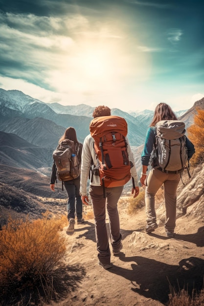 Reisende, die in Naturlandschaften wandern und nachhaltige Outdoor-Aktivitäten fördern. KI-generativ