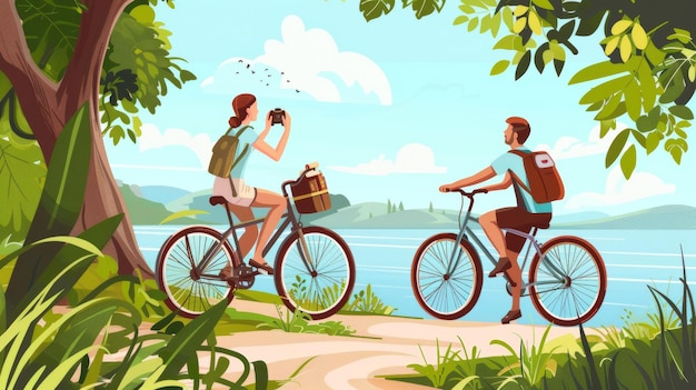 Reisende fahren Fahrräder, während sie reisen oder an aktiver Erholung teilnehmen Moderne Illustration Ökotourismus Konzept von Radfahrern auf Fahrrädern Frau macht Fotos mit ihrer Kamera Junge Radfahrer
