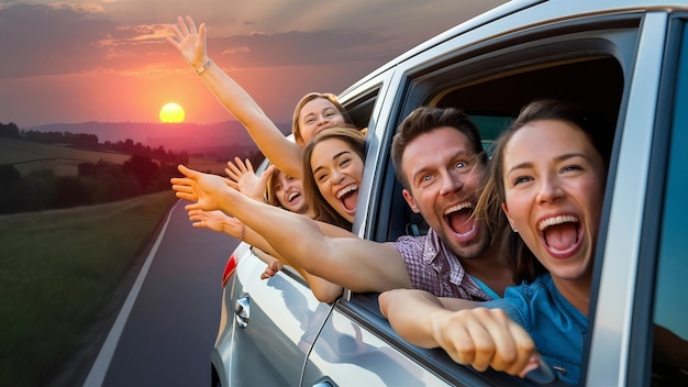 Reisende feiern aus dem Autofenster