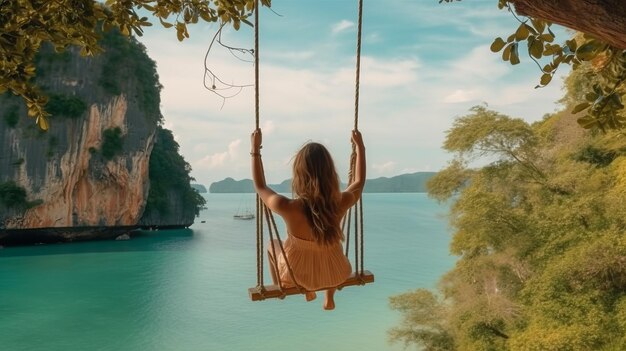 Reisende Frau entspannt sich auf einer Schaukel über der Andamanensee Railay Beach Krabi Freizeittouristenreisen Phuket Thailand