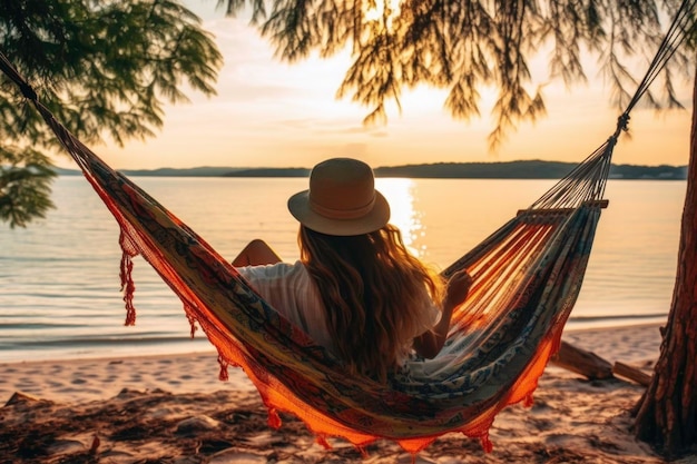 Foto reisende frau entspannt sich in der hängematte am sommerstrand thailands, kein gesicht wird gezeigt, rückansicht, sonniger sommertag