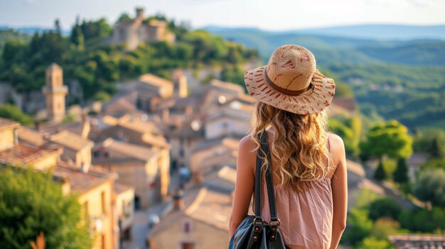 Reisende Frau genießt die Landschaft einer Stadt in Frankreich