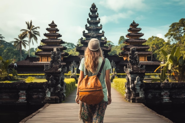 Reisende Frau im Pura Besakih Tempel in Bali, Indonesien Touristin mit Rucksack im Urlaub, die durch den Hindu-Tempel in Bali, Indonesien, geht