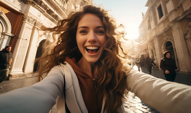 Reisende Frau macht Selfie-Foto in den Straßen Roms