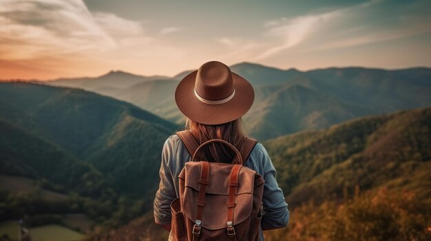 Reisende Frau mit Rucksack und Hut