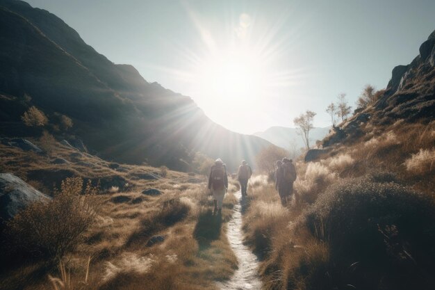 Reisende mit Rucksäcken wandern in den Bergen Generative KI