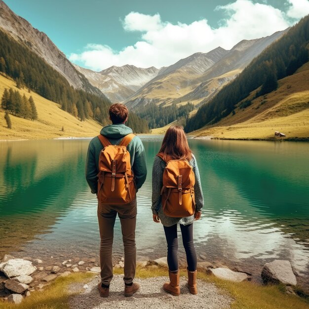 Reisende Paar schauen sich den Bergsee an Reisen und aktives Lebenskonzept mit Team