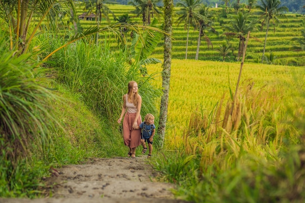 Reisende von Mutter und Sohn auf den wunderschönen Reisterrassen von Jatiluwih vor dem Hintergrund berühmter Vulkane in Bali, Indonesien Reisen mit Kindern Konzept