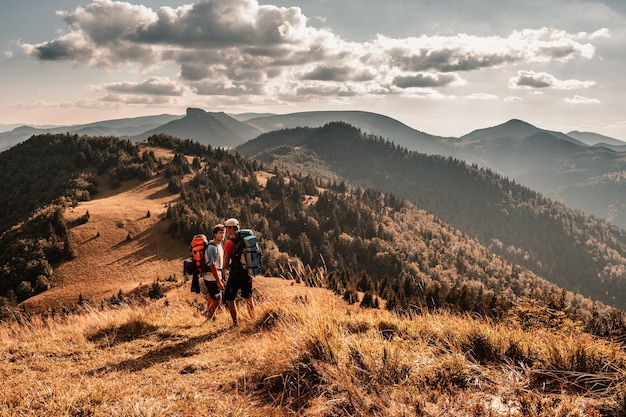 Reisende Wandergruppe mit Rucksäcken Wandern in den Bergen Sonnige Landschaft Touristischer Reisender Nationalpark Velka Fatra Slowakei