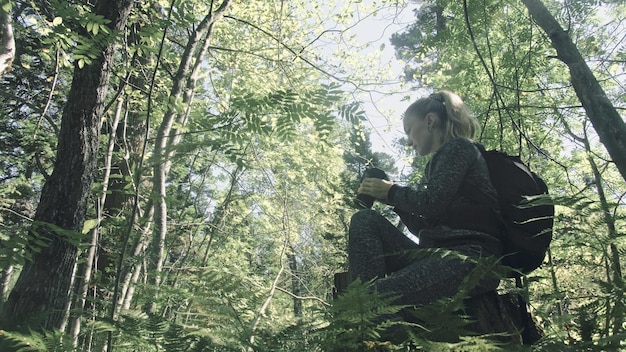 Reisender fotografiert malerische Aussicht im Wald. Eine kaukasische Frau fotografiert einen schönen, magischen Blick auf ein Mädchen