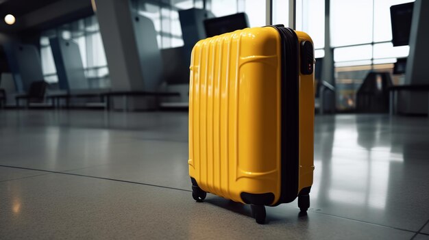 Reisender gelber Koffer am Flughafen vor Abflug Konzept zum Welttourismustag Generative KI