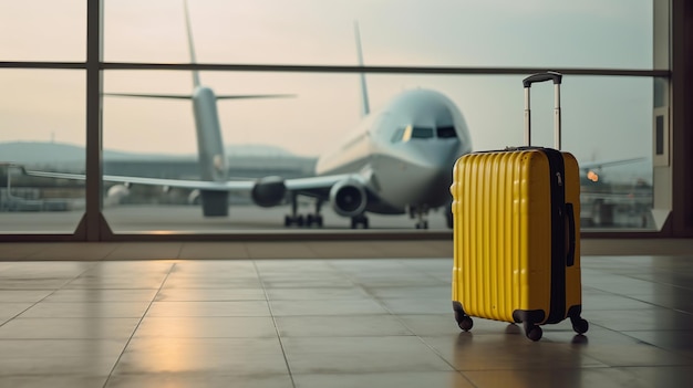 Reisender gelber Koffer am Flughafen vor Abflug Konzept zum Welttourismustag Generative KI
