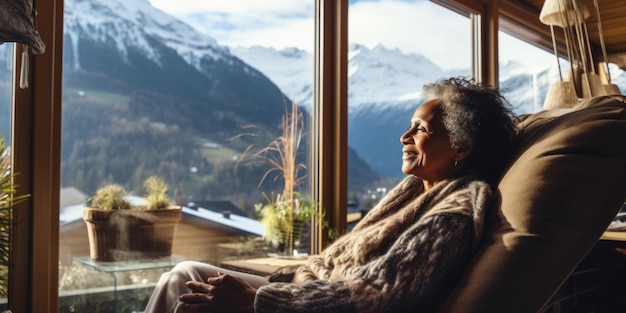 Reisender genießt Wochenenden in einem zeitgenössischen Scheunehaus in den Bergen Glücklicher Tourist schaut durch Panoramafenster in der Schönheit eines neuen Hüttenhauses