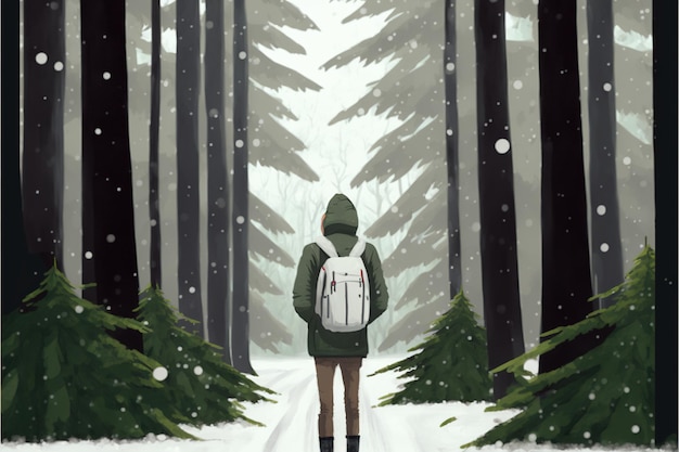 Reisender im verschneiten Winterwald, der herumläuft Mann, der in einem verschneiten Wald unterwegs ist, digitale Kunststil-Illustrationsmalerei