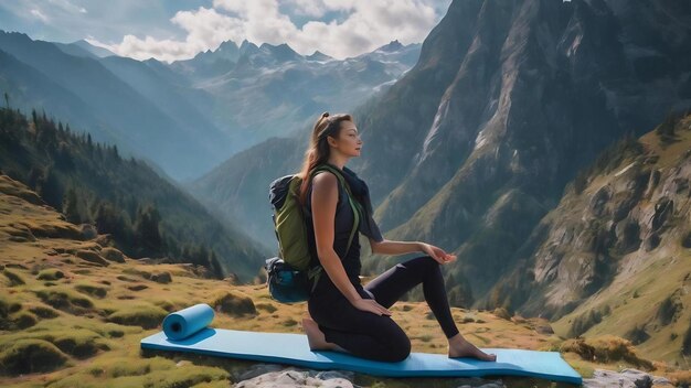 Reisender mit Bergbekleidung und Yogamat mit einer großartigen Idee, einem Konzept der Kreativität