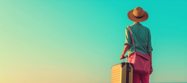 Reisender mit Koffer und Hut auf Reise Hintergrund Abenteuer wartet Kopierraum