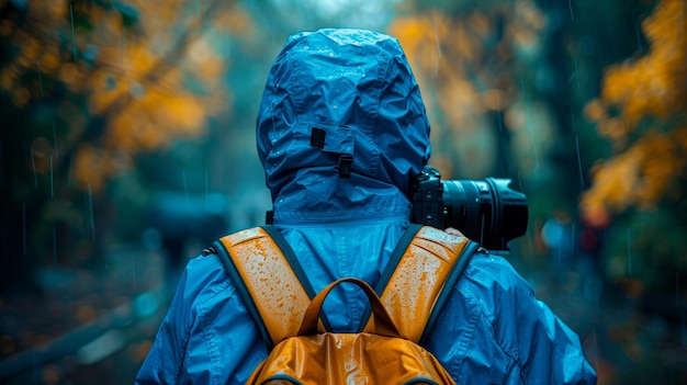 Foto reisender mit rucksack und kamera im regen generative ki