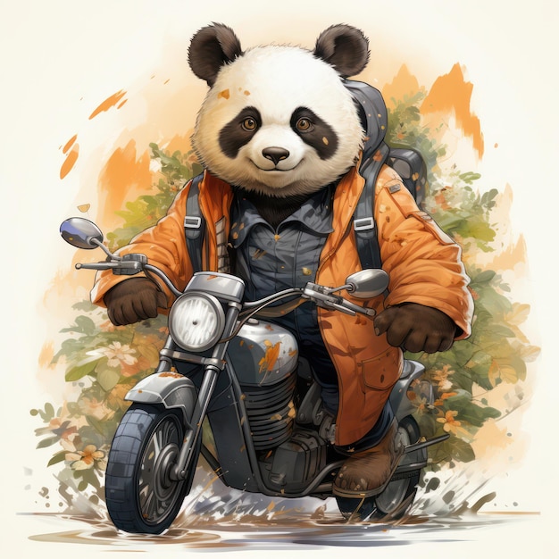 reisender Panda, der eine Motorradillustration fährt