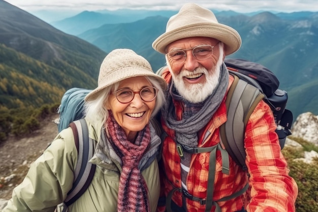 Reisendes altes Paar während einer Wanderung in den Bergen, erstellt mit generativer KI