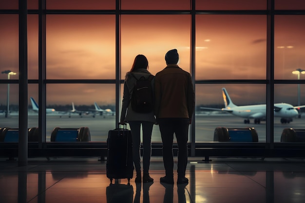 Reisendes Paar mit Gepäck steht zusammen am Flughafen und wartet auf den Abflug