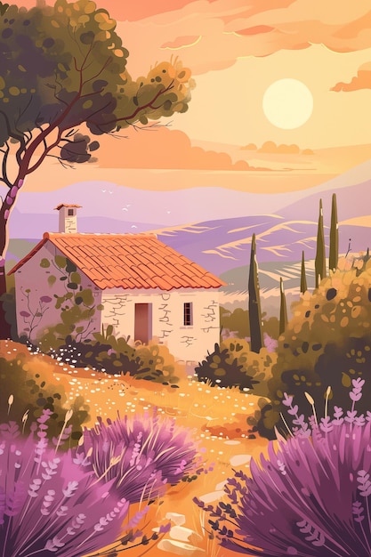 Reiseposter aus der Provence, Frankreich, mit einem kleinen Ferienhaus, Lavendel und malerischer Aussicht