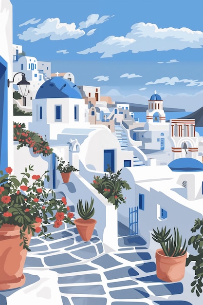 Reiseposter-Design von Santorini mit traditionellen weißen Gebäuden mit blauen Dächern