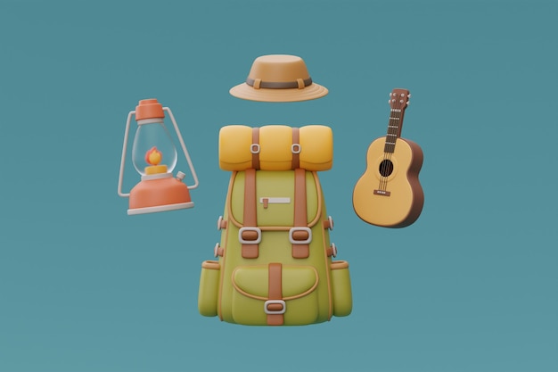 Reiserucksack mit gitarrenlaterne und hutelementen für camping sommerlager reisen reise wandern 3d-rendering