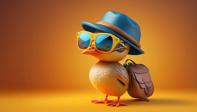 Reisevogel mit blauem Hut und orangefarbener Sonnenbrille Generative KI