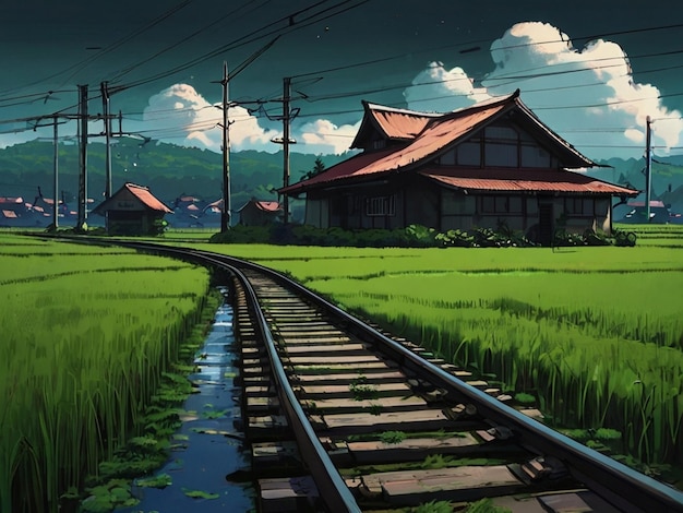 Reisfeld mit Häusern in der Mitte mit Zugspuren im Studio Ghibli-Stil, hergestellt von KI