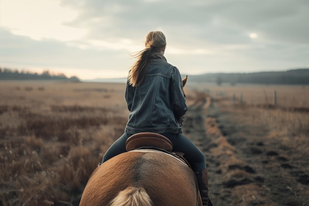 Reiten auf Pferden durch Herbstfelder Frau reitet auf einem Pferd