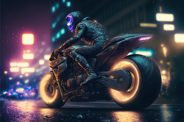 Reiten Futuristisches Sportmotorrad in einer Nachtstadt, Cyberpunk-Motorradhintergrund