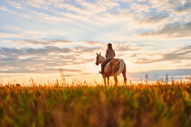 Reiten über die Wiese während des Sonnenuntergangs