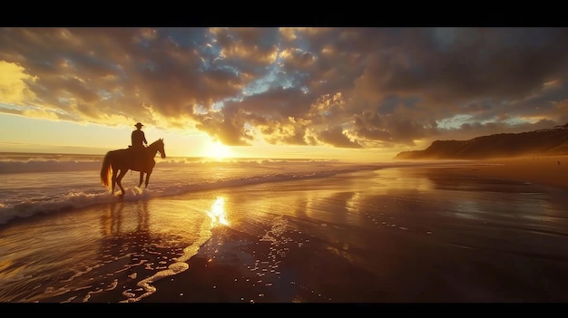 Reiter, der bei Sonnenuntergang auf einem Sandstrand galoppierte und Reflexionen auf dem Wasser warf