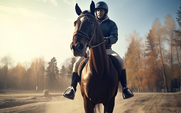 Reiter, Jockey in Uniform, Reiter im Freien, sonniger Tag, professionelle Werbung.