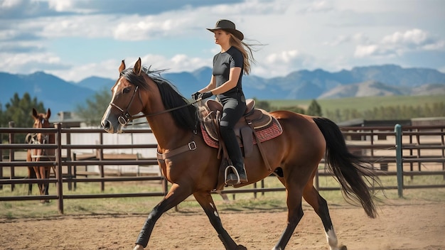 Reiterin reitet auf ihrem Pferd auf einer Ranch Frau hat lange Haare und schwarze Kleidung