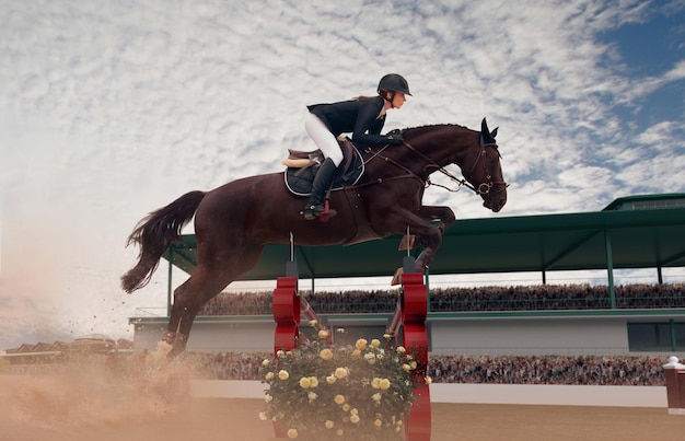 Reitsport Junges Mädchen reitet auf Pferd auf Meisterschaft