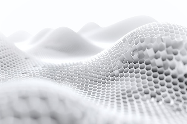 Rejilla 3D abstracta con superficie perforada y patrón ondulado en blanco minimalista