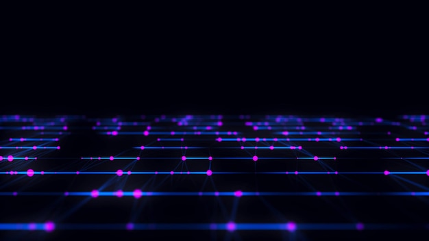 Rejilla abstracta con luz azul sobre fondo negro Fondo científico con puntos y líneas móviles Tecnología de conexión de red Estructura digital con partículas Renderización 3D