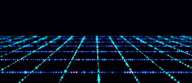Rejilla abstracta con luz azul sobre fondo negro Fondo científico con puntos y líneas móviles Tecnología de conexión de red Estructura digital con partículas Renderización 3D
