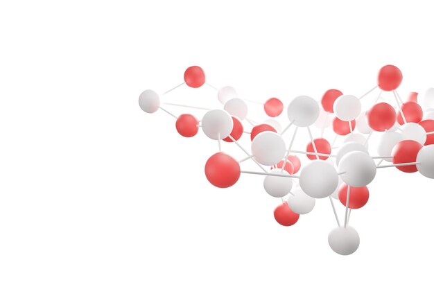 Rejilla de átomos rojos y blancos con estructura poligonal contra una pared blanca. Concepto de química y ciencia.