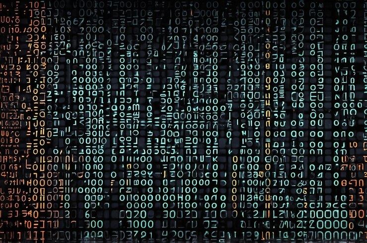Foto rejilla binaria digital con superposiciones de código de programación