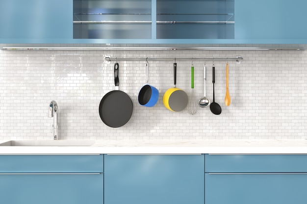 Rejilla de cocina de renderizado 3D con utensilios en la pared blanca