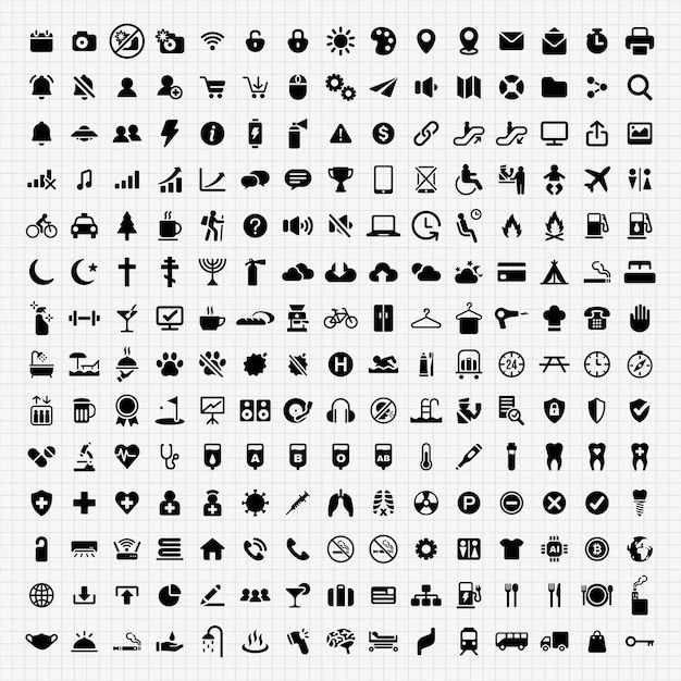 Rejilla de diversos iconos con símbolos para tecnología, transporte y comunicación Los iconos incluyen flechas, engranajes y teléfonos Conjunto de iconos versátiles Conjunto vectorial de iconos de interfaz de usuario