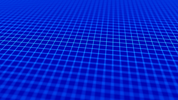 Rejilla de perspectiva abstracta Fondo digital en estilo retro Paisaje de marco de alambre en fondo azul Renderización 3D