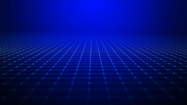 Rejilla de perspectiva abstracta Fondo digital en estilo retro Paisaje de marco de alambre en fondo azul Renderización 3D
