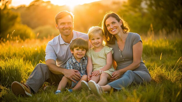 Foto relação afetuosa de família em um campo durante o pôr-do-sol