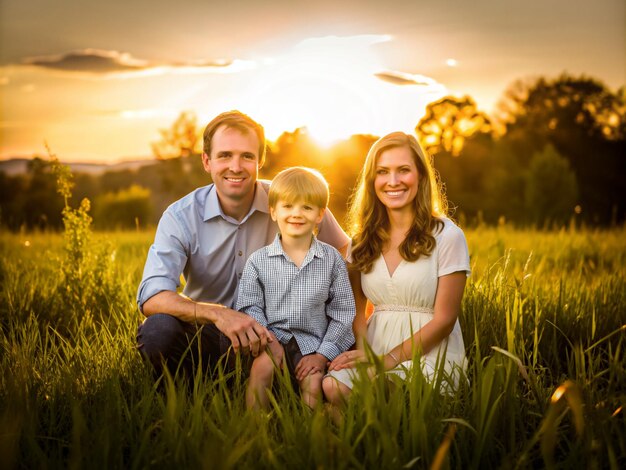 Foto relação afetuosa de família em um campo durante o pôr-do-sol