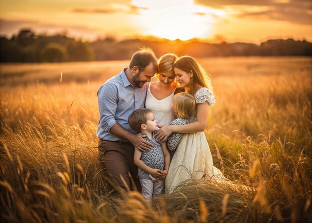 Foto relação afetuosa de família em um campo durante o pôr-do-sol