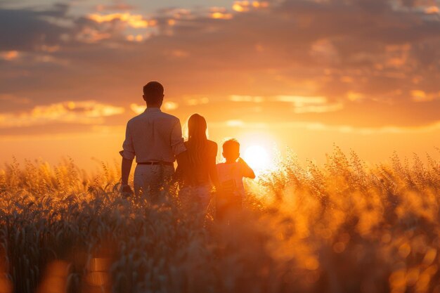 Foto relação familiar afetuosa em um campo durante o pôr-do-sol generative ai