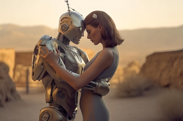 Relación amorosa entre un humano y un robot La conexión de los sentimientos humanos Actitud futura mujer android ciborg robot inteligencia artificial robotización y automatización IA generativa